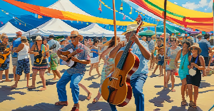 A lively ukulele festival with musicians from different cultures performing together under colorful tents, surrounded by an audience enjoying the music.