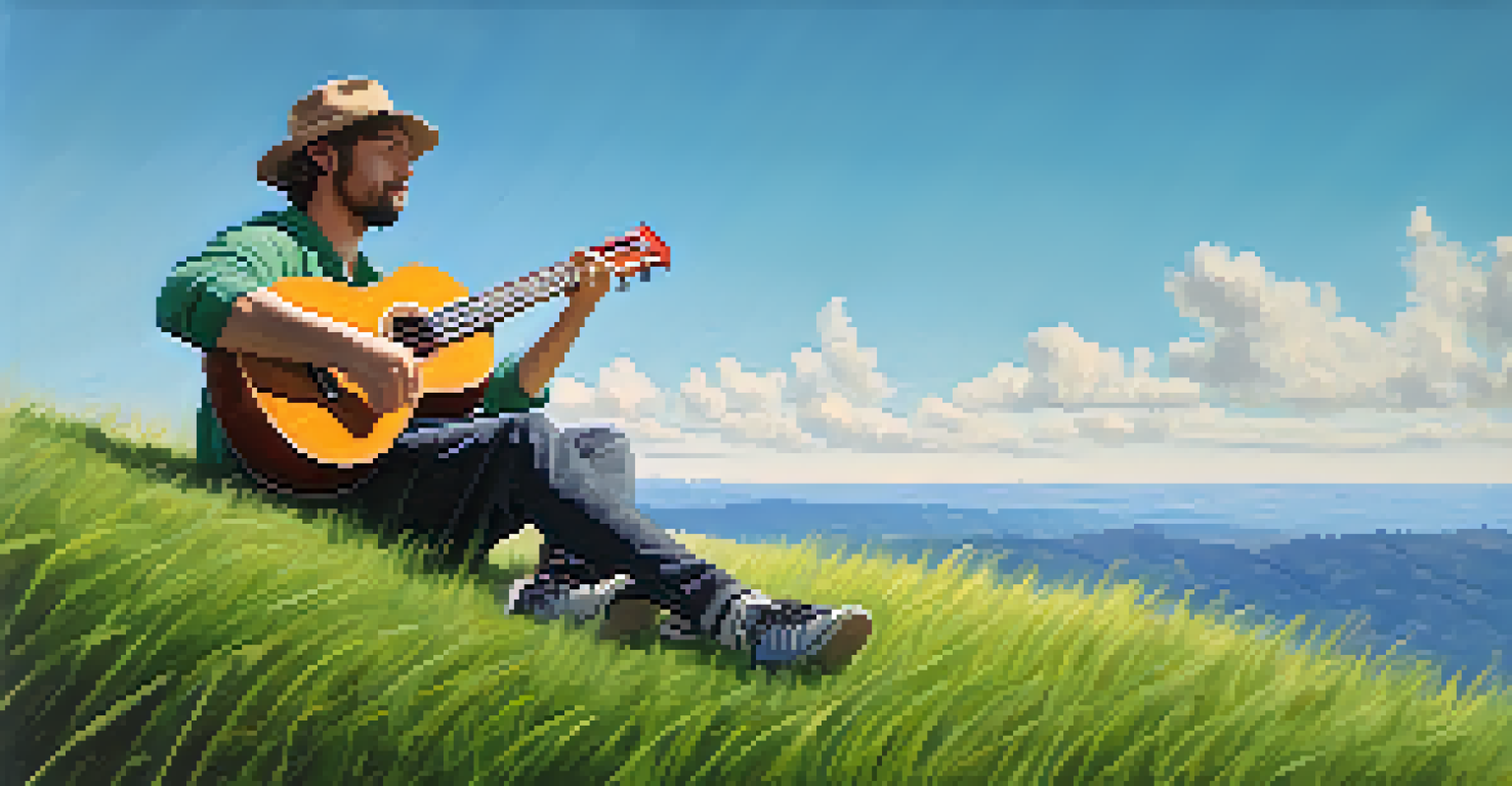 A musician playing a ukulele on a grassy hill under a clear blue sky, with a backpack beside them.