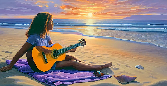 A person sitting on the beach at sunset, playing a ukulele with waves in the background.