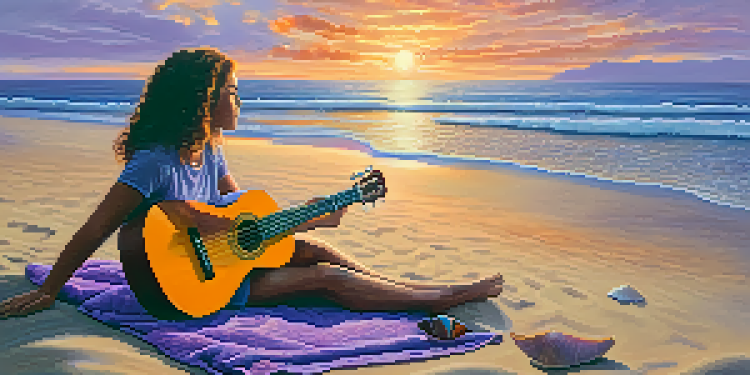 A person sitting on the beach at sunset, playing a ukulele with waves in the background.