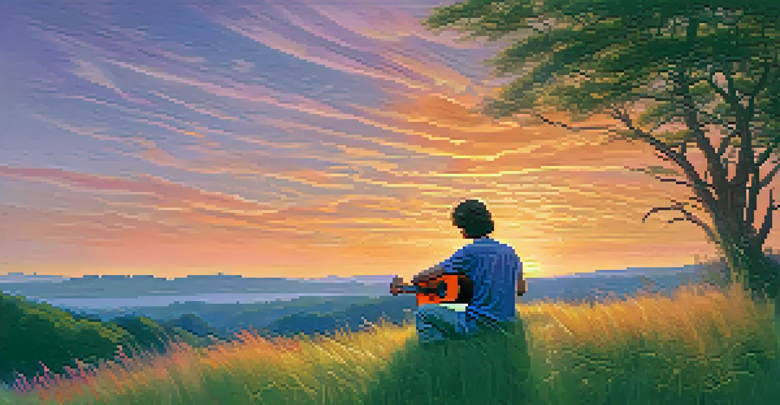 A person playing a ukulele on a grassy hill during a colorful sunset, with a vibrant sky and swaying grass.