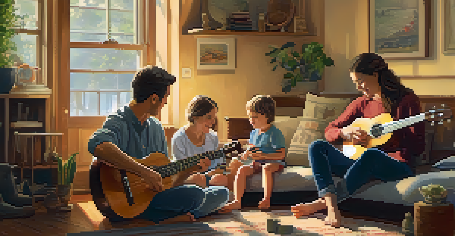 A family sitting together in a warmly lit room, with a young child happily learning to play the ukulele while family members sing along.