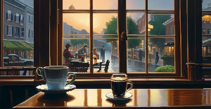 A cozy café with raindrops on the window, a ukulele on the table next to a cup of coffee, and people in the background.