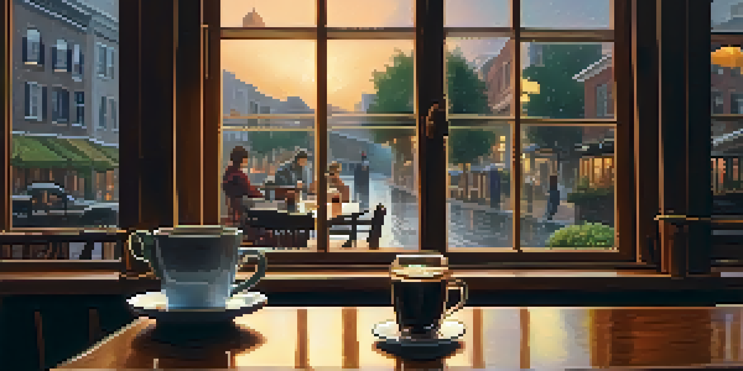 A cozy café with raindrops on the window, a ukulele on the table next to a cup of coffee, and people in the background.