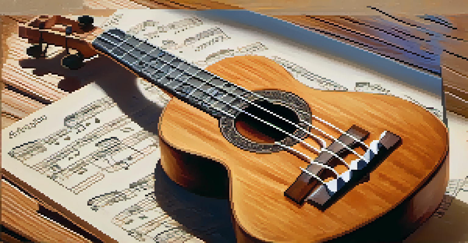 A close-up of a ukulele with hands and tattoos playing it, surrounded by sheet music in soft sunlight.