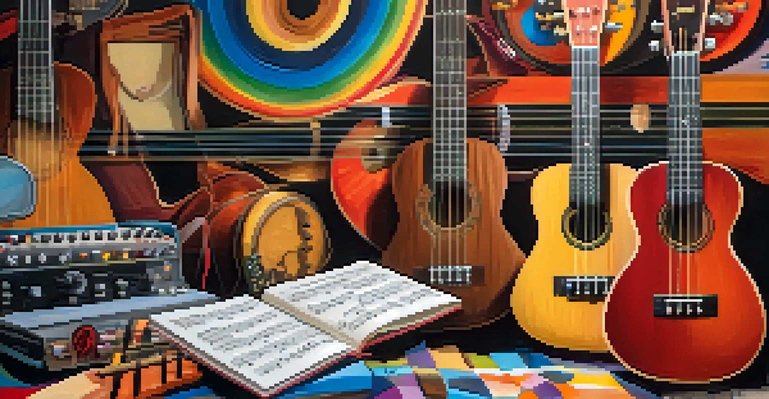 A close-up of hands playing a ukulele, with chord diagrams and a colorful music studio background.