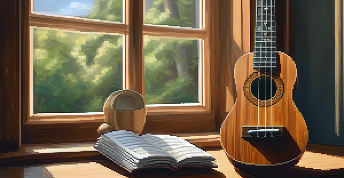 A close-up view of a ukulele on a wooden table, with sheet music and a cup of tea, illuminated by soft natural light.