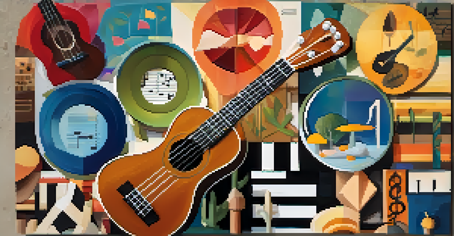 A colorful collage of a ukulele surrounded by musical notes representing various music genres.