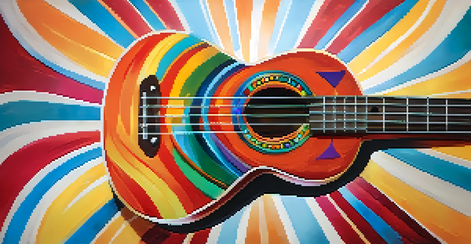 A beautifully crafted ukulele on a colorful backdrop with vibrant music-related props, highlighting creativity.