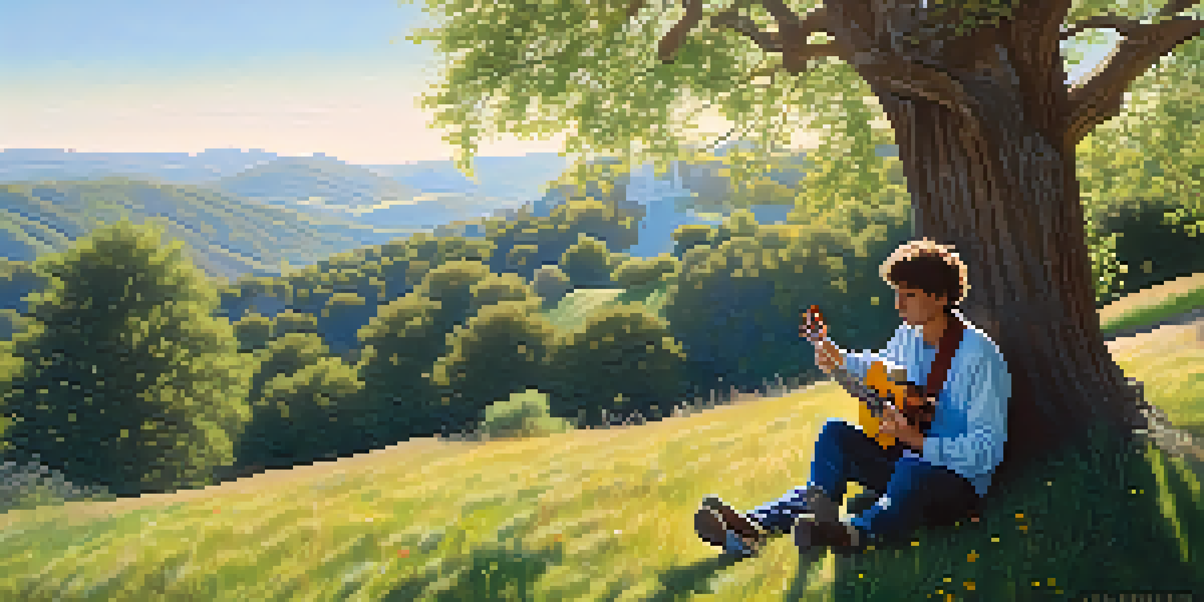 A person sitting on a grassy hill playing a ukulele, surrounded by wildflowers and trees under a sunny sky.
