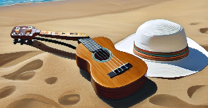 A soprano ukulele on a sandy beach with waves in the background, accompanied by sunglasses and a sunhat.