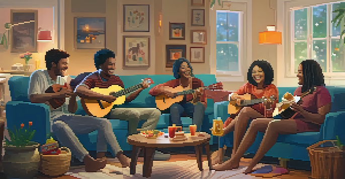 A group of friends enjoying a ukulele jam session in a cozy living room, surrounded by snacks and warm lighting.