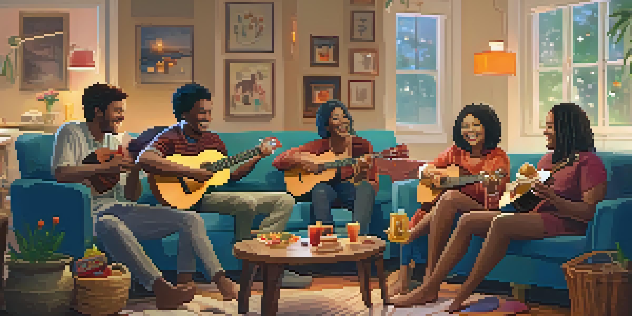 A group of friends enjoying a ukulele jam session in a cozy living room, surrounded by snacks and warm lighting.