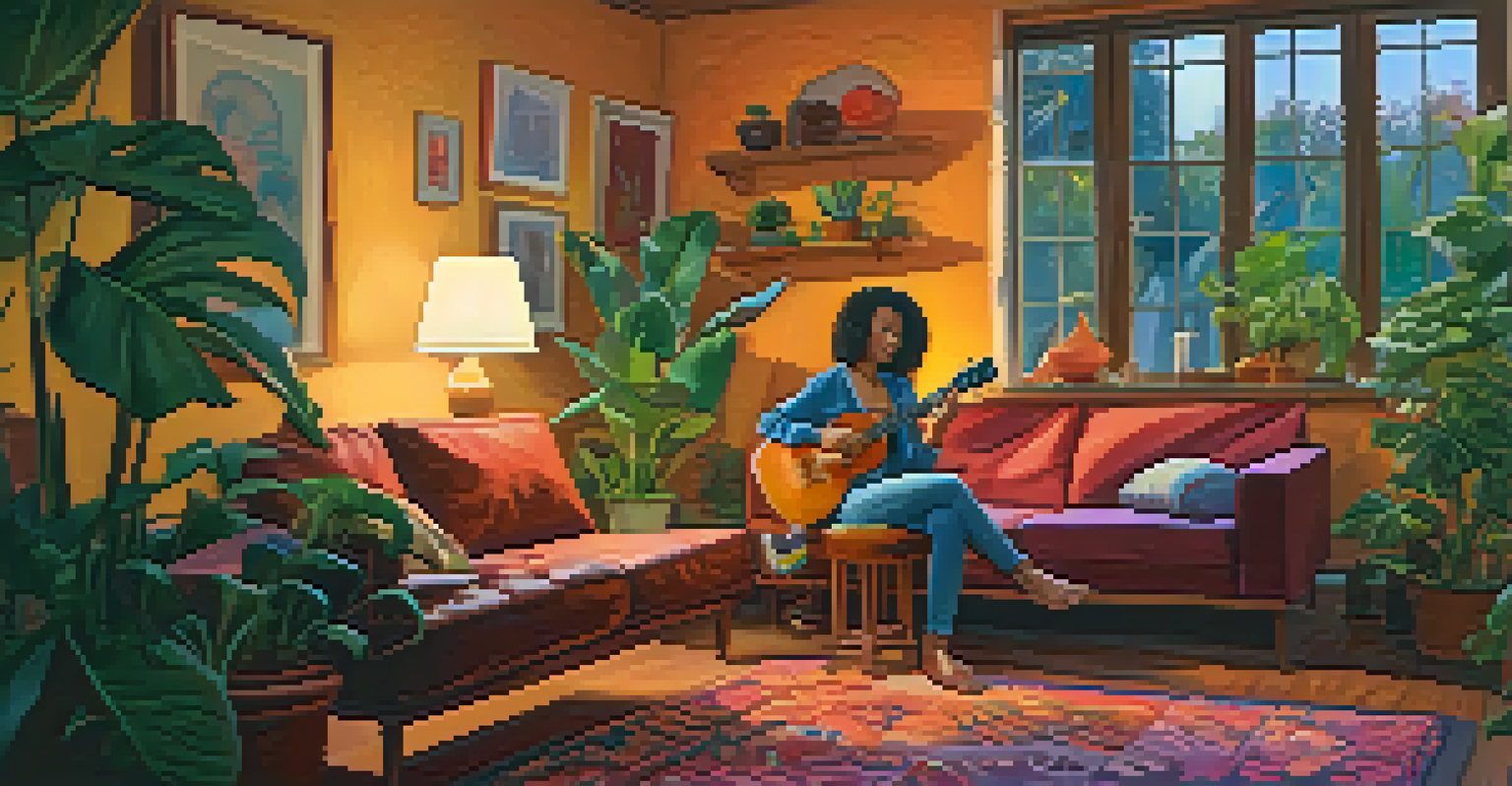 A ukulele player seated in a cozy living room surrounded by plants and cushions, playing the instrument with a smile.
