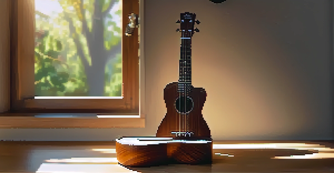A close-up of a ukulele on a wooden table with sunlight illuminating the wood grain and a blurred green background.