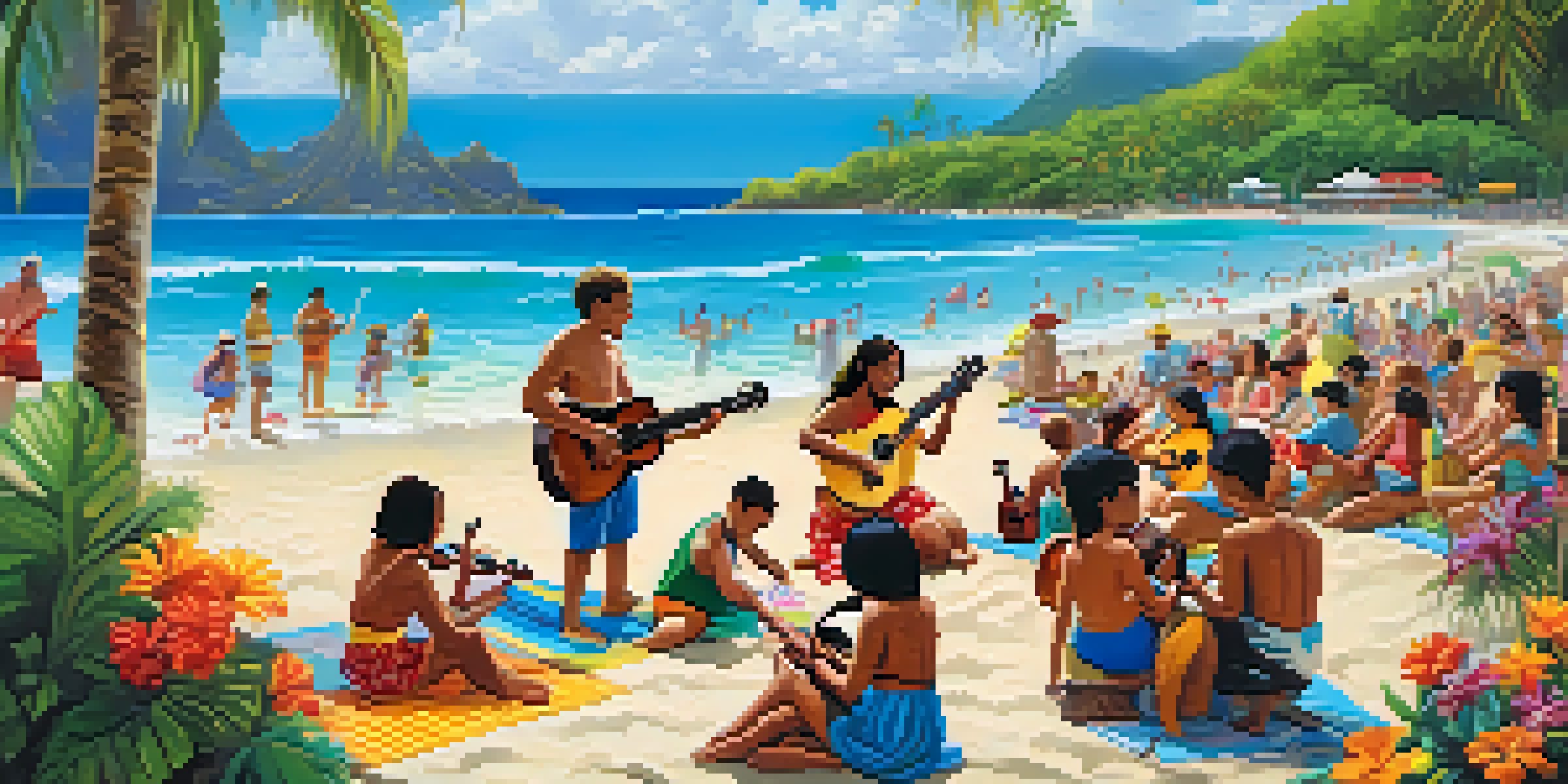 A lively ukulele festival on a Hawaiian beach with musicians playing and people enjoying the music.