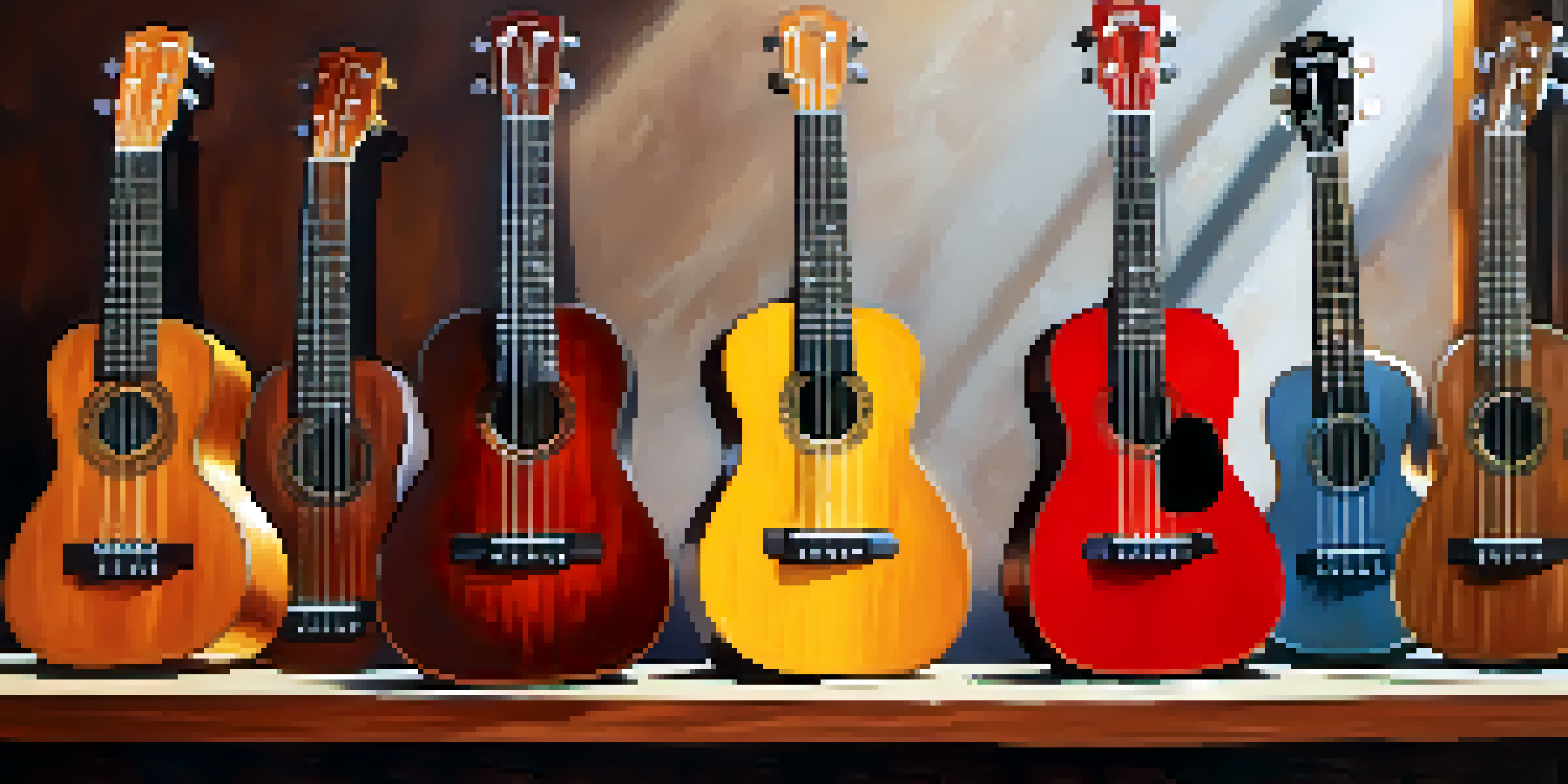 A display of various ukulele sizes arranged on a wooden table, with warm natural light illuminating the scene.