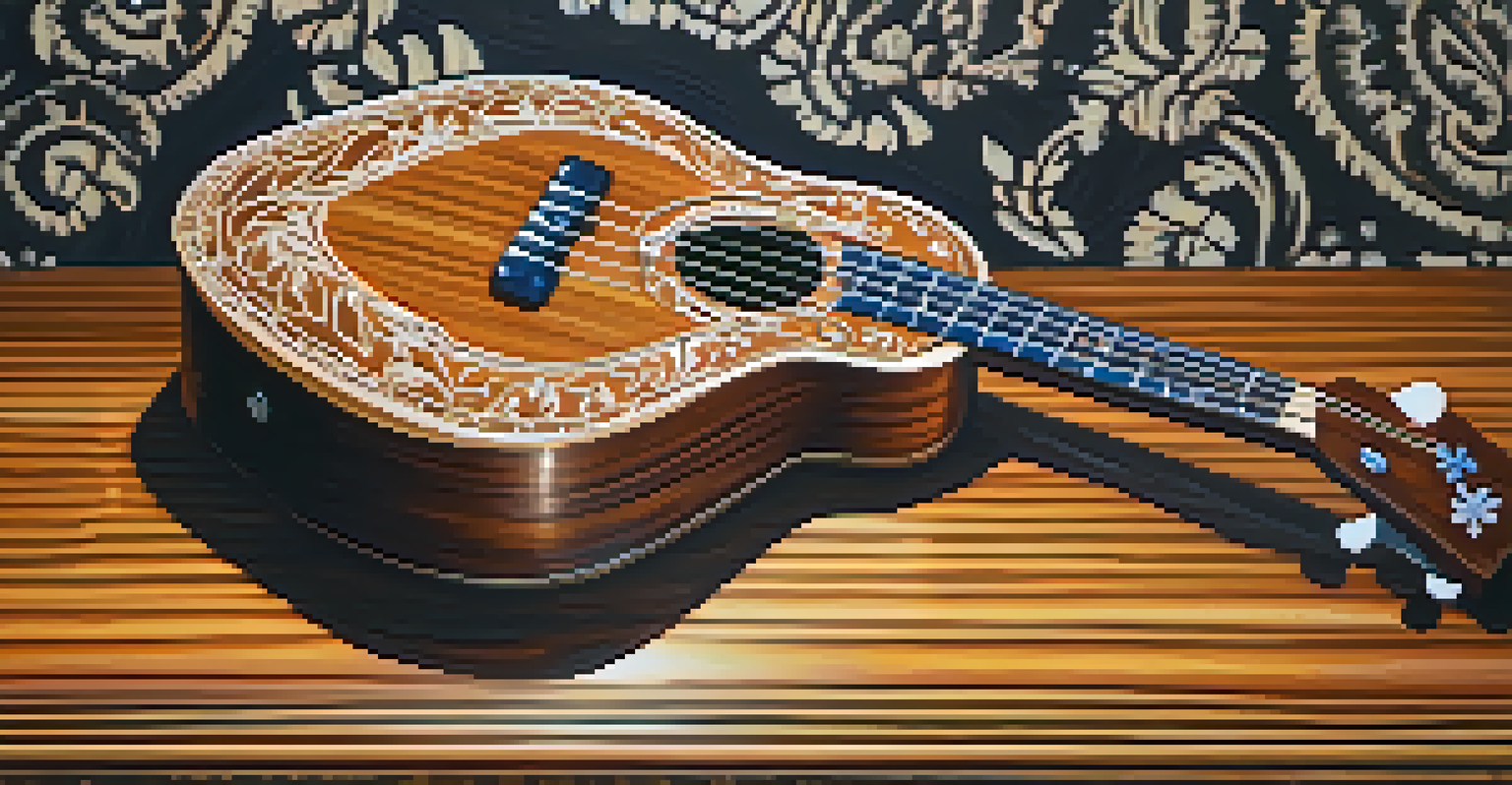A close-up view of a beautifully crafted ukulele on a wooden table, showcasing its floral patterns and rich wood grain in soft natural light.
