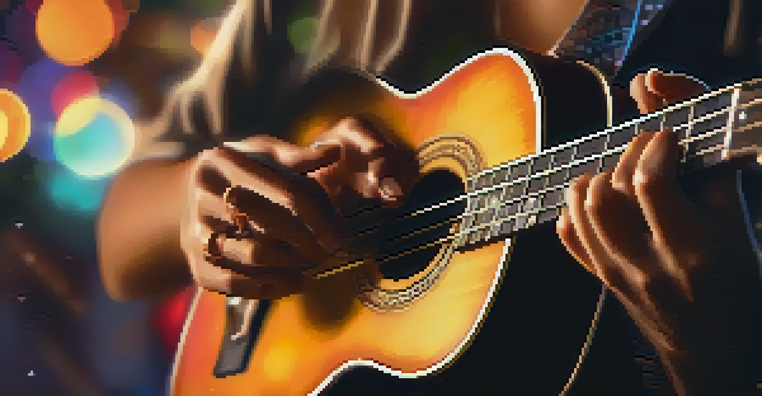 Close-up of hands playing a ukulele with colorful bokeh lights in the background.