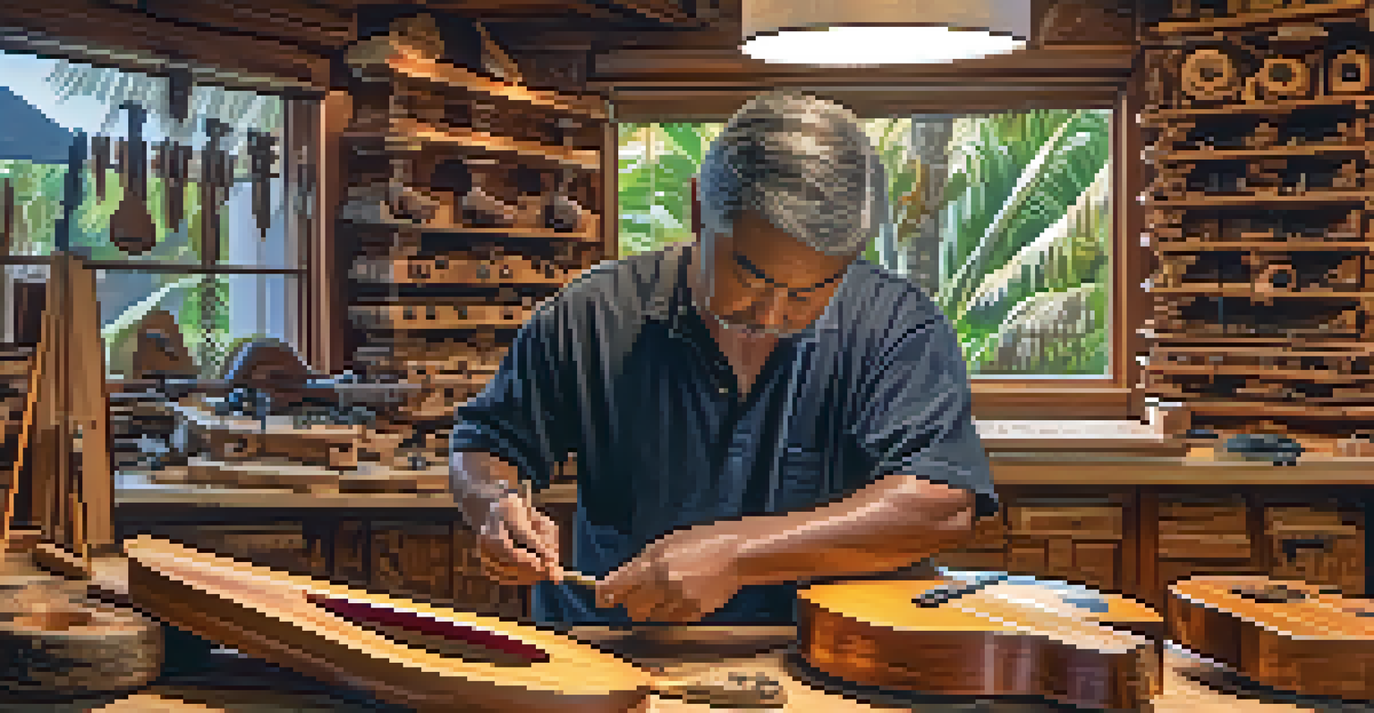 A craftsman working on a koa wood ukulele in a workshop filled with tools and completed instruments, illuminated by soft light.