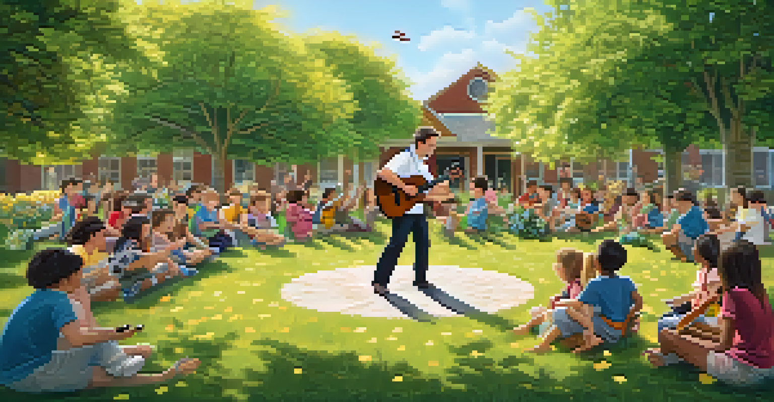 A teacher and students playing ukuleles together outdoors, surrounded by nature, smiling and collaborating.