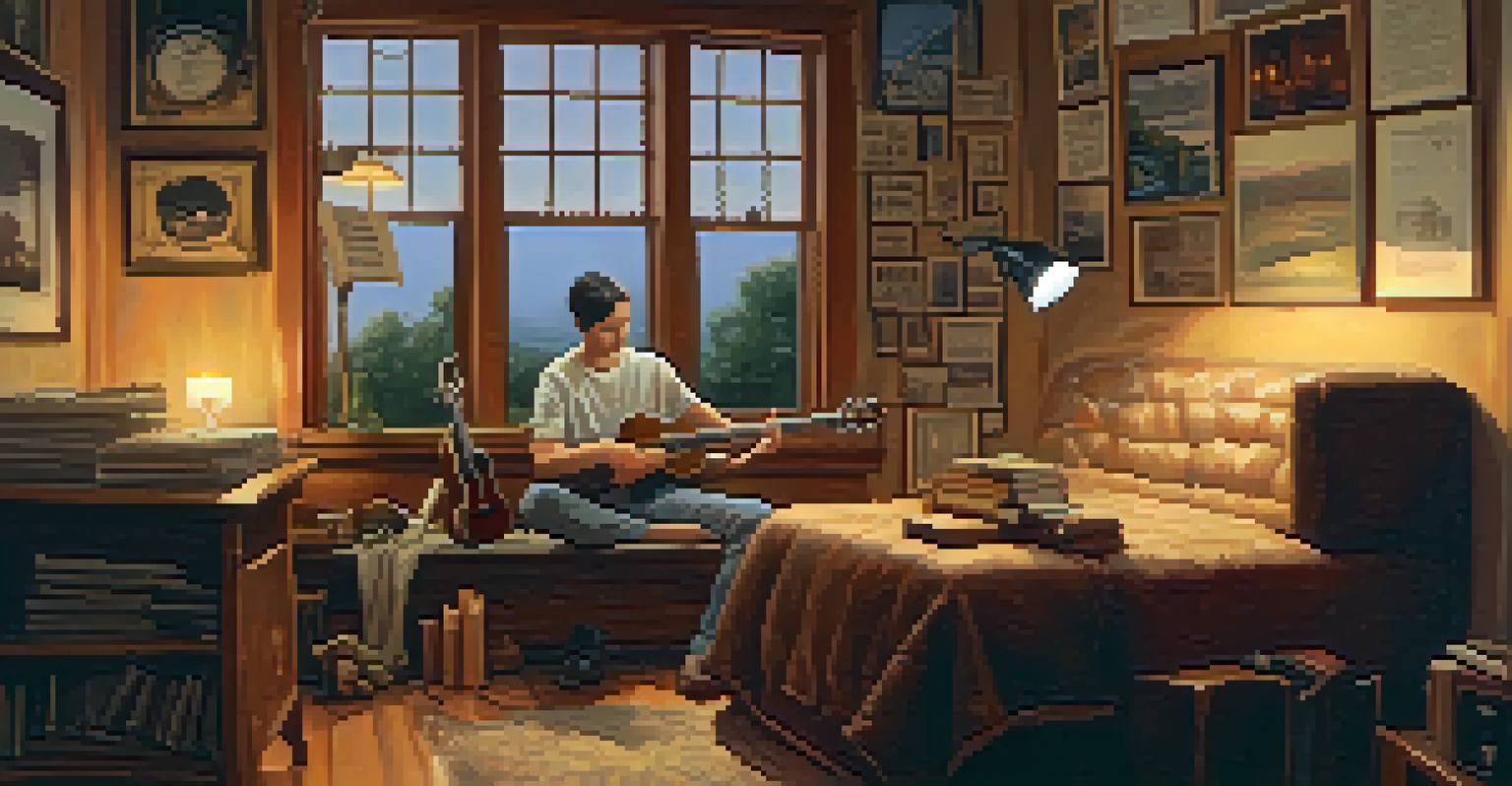 A person practicing fingerpicking on a ukulele indoors, with music sheets and a metronome, illuminated by warm lamp light.
