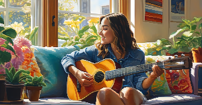 A young adult sitting on a sofa, playing a ukulele with a joyful expression in a warmly lit room filled with colorful cushions and plants.