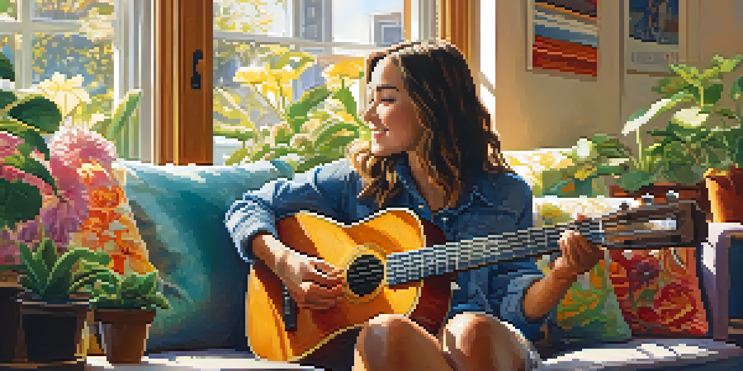A young adult sitting on a sofa, playing a ukulele with a joyful expression in a warmly lit room filled with colorful cushions and plants.