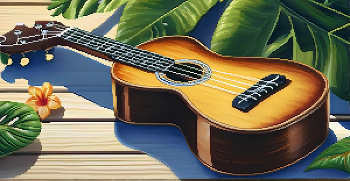A detailed view of a ukulele with intricate carvings on a wooden table, surrounded by tropical foliage and flowers, illuminated by soft sunlight.