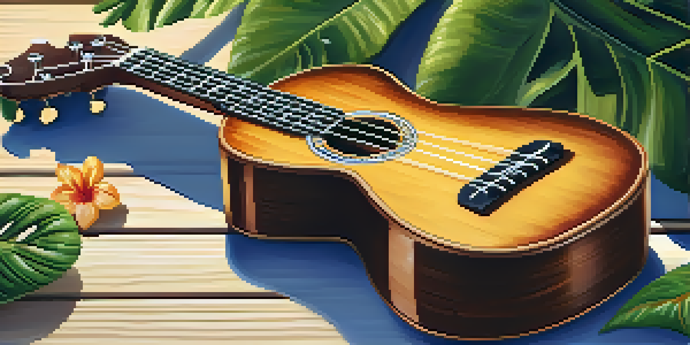 A detailed view of a ukulele with intricate carvings on a wooden table, surrounded by tropical foliage and flowers, illuminated by soft sunlight.