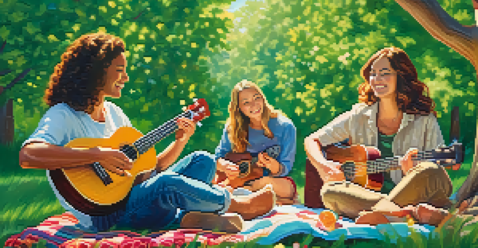 A ukulele player sitting on a picnic blanket in a sunny park, surrounded by friends enjoying the music.