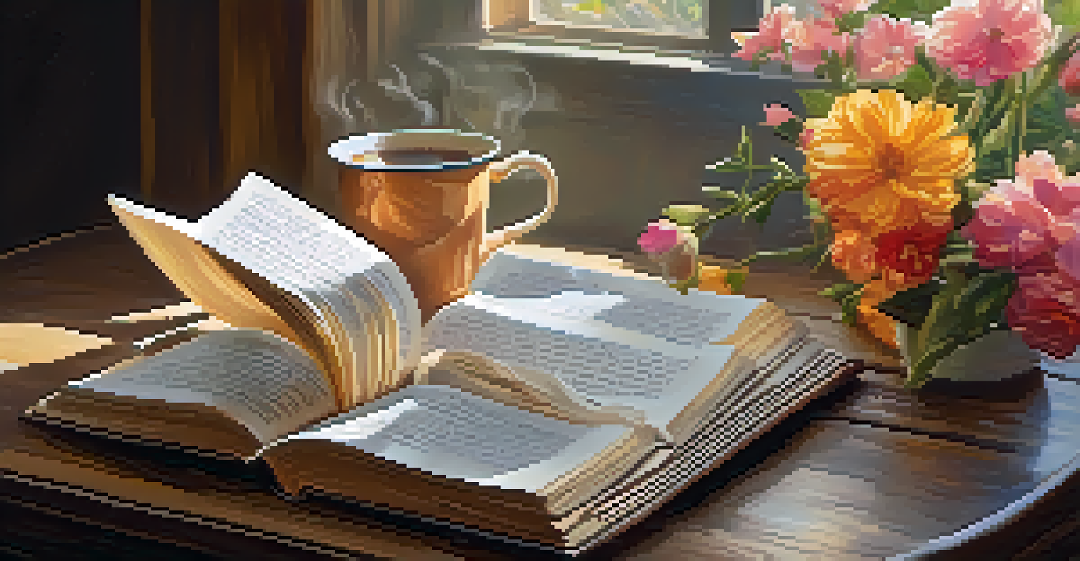 An open book on a wooden table surrounded by flowers and a cup of tea.