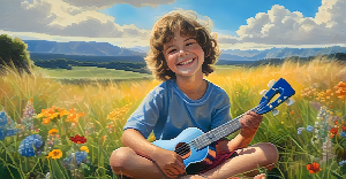 A happy child playing a colorful ukulele in a sunny field filled with flowers.
