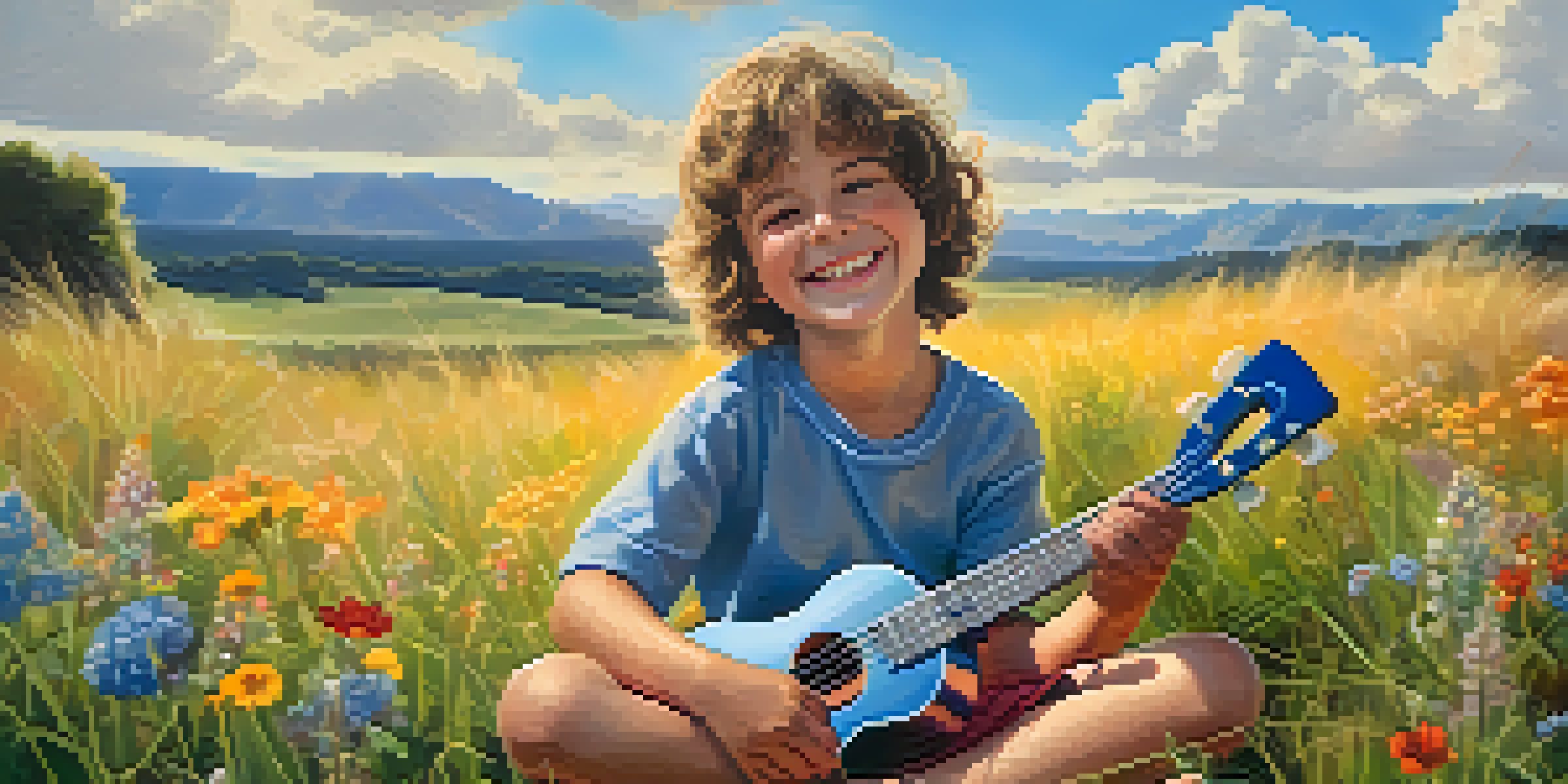 A happy child playing a colorful ukulele in a sunny field filled with flowers.