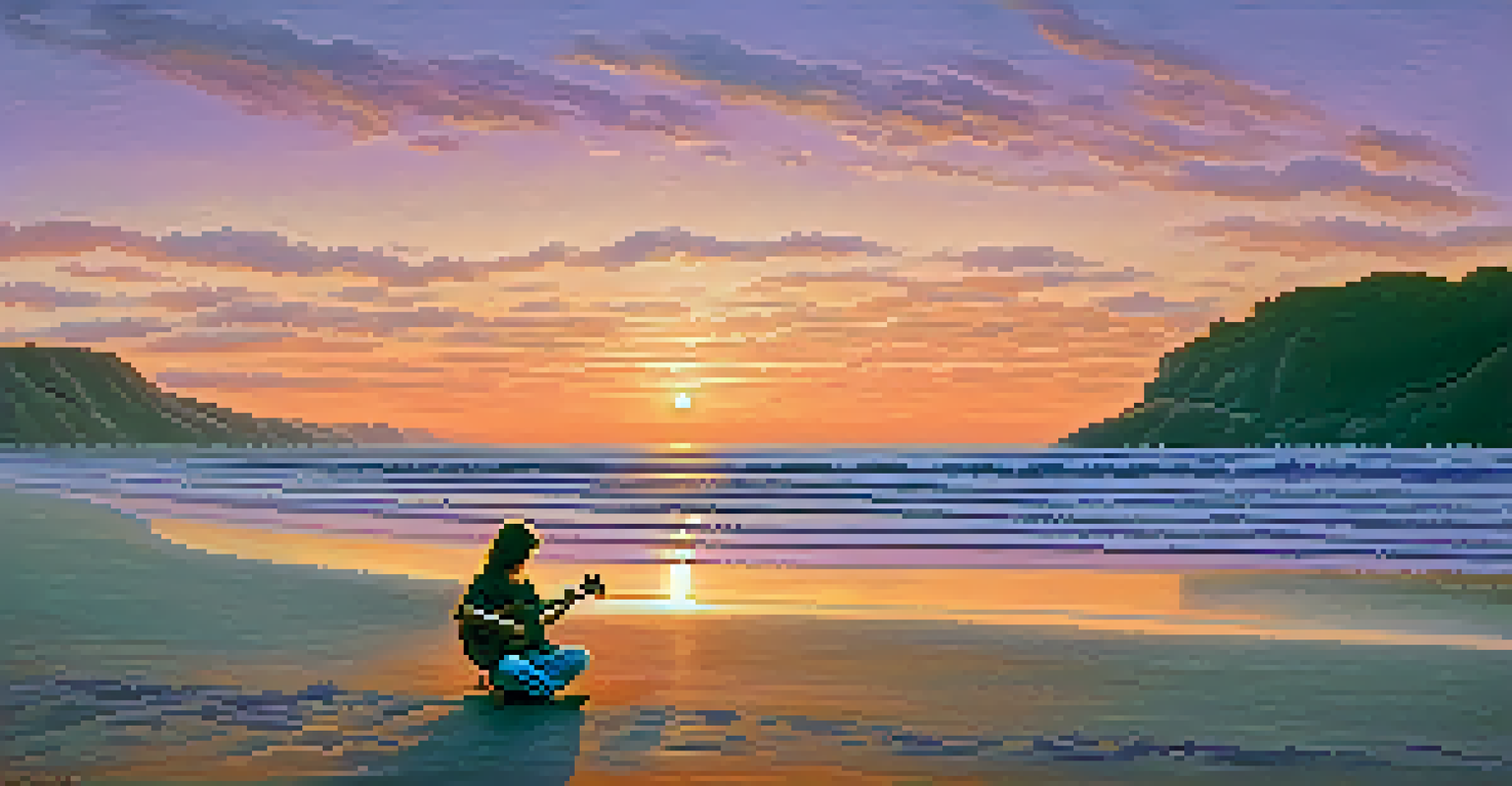 A musician playing a ukulele on a beach during sunset, with colorful skies and calm waves, evoking a sense of peace and inspiration.