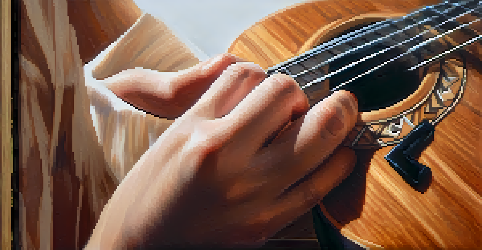 Close-up of hands playing a ukulele, focusing on the instrument's texture and the gentle strumming motion.