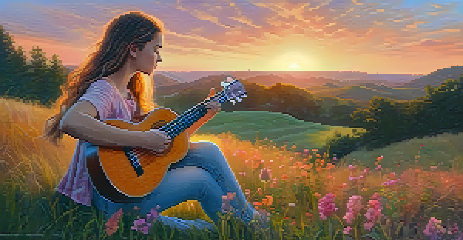 A young woman playing a ukulele on a grassy hill at sunset, with a colorful sky and wildflowers around her, creating a serene atmosphere.