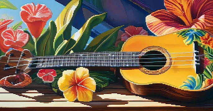 A ukulele placed on a wooden table, surrounded by bright tropical flowers, under warm sunlight.