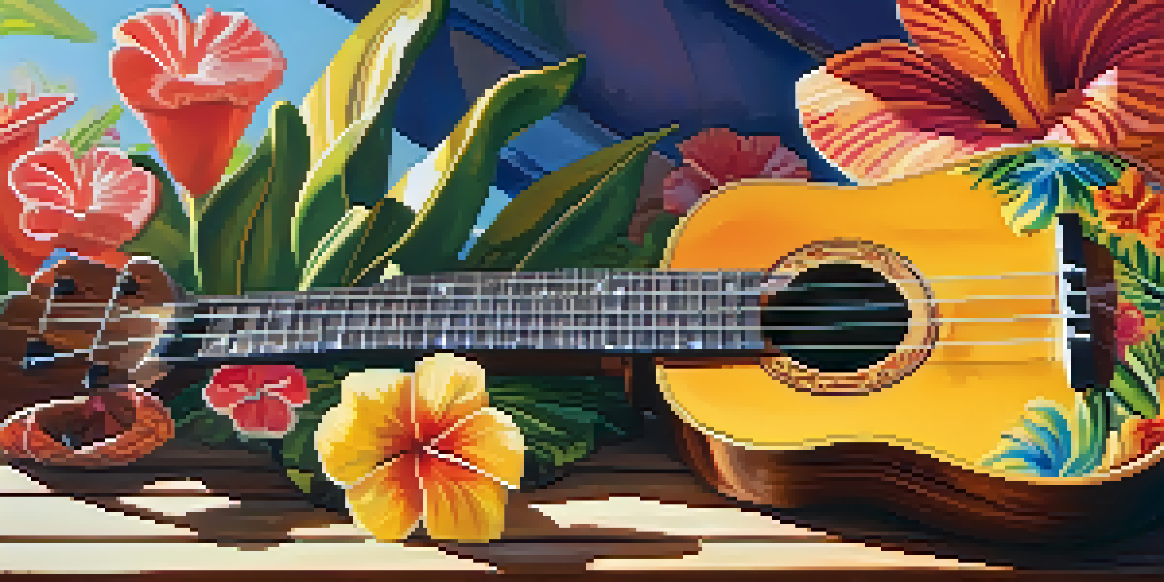 A ukulele placed on a wooden table, surrounded by bright tropical flowers, under warm sunlight.