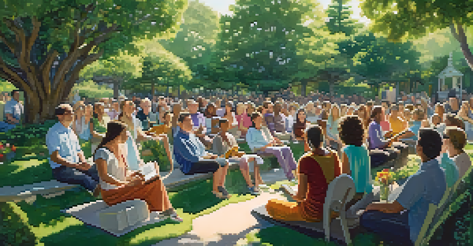 A worship leader playing a ukulele in a garden while congregants sing along joyfully.