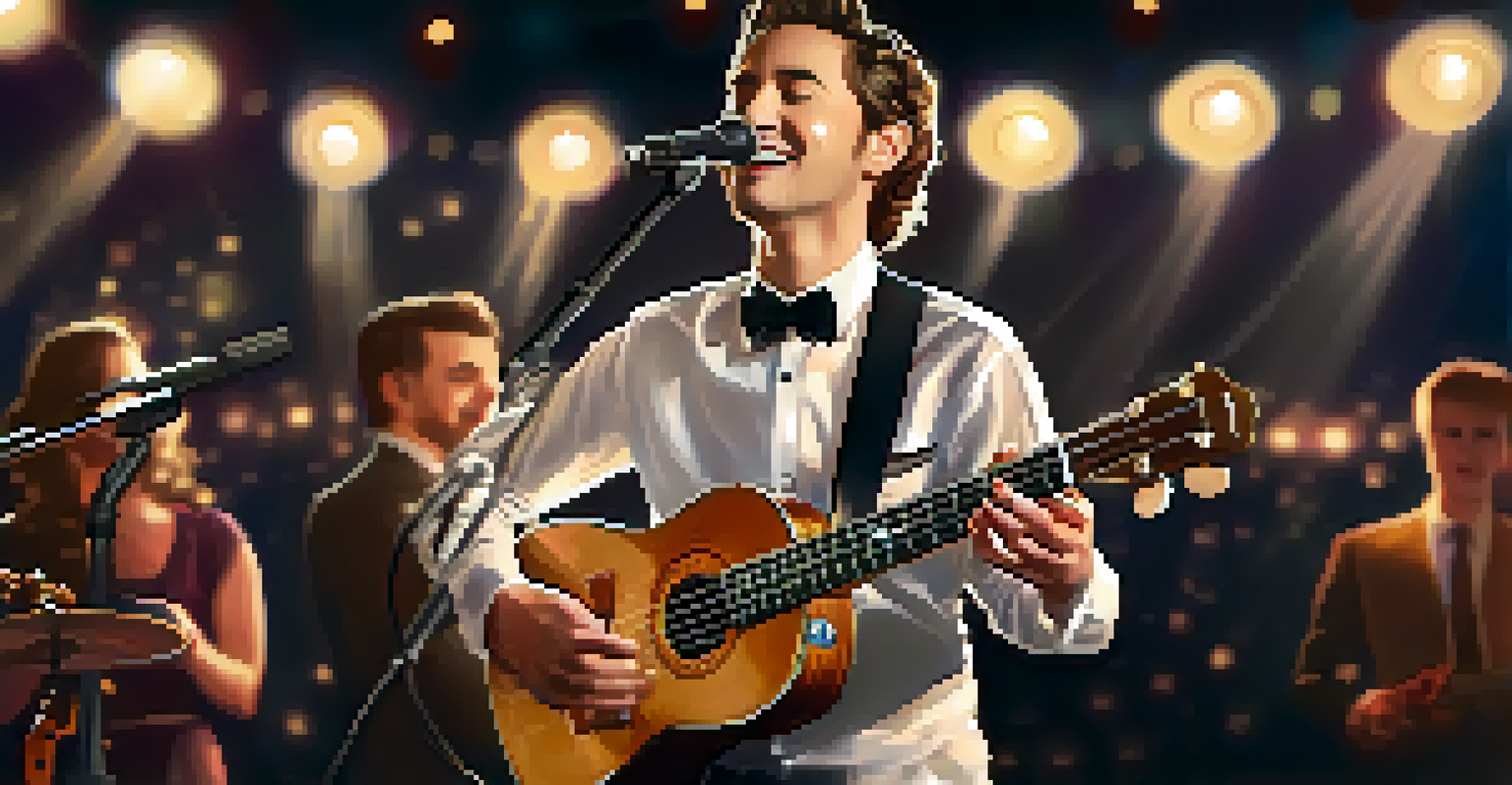 A musician performing on stage while playing a ukulele, with an audience in the background and warm stage lights illuminating the scene.