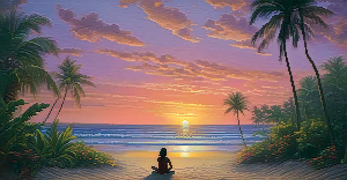 A person playing a ukulele on the beach during sunset, with colorful sky and gentle waves.