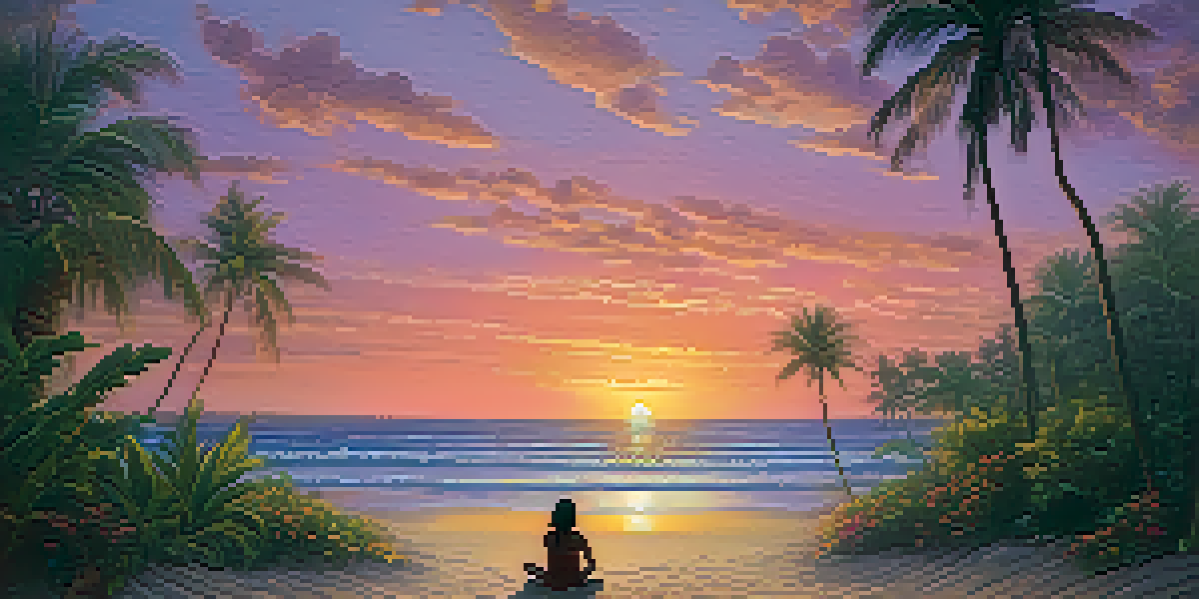 A person playing a ukulele on the beach during sunset, with colorful sky and gentle waves.