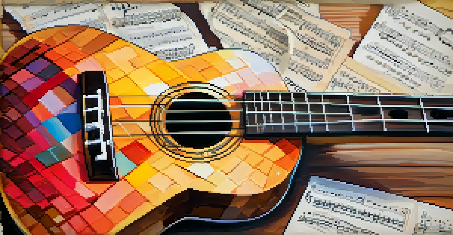 Close-up of a colorful ukulele on a table with sheet music and a notebook.
