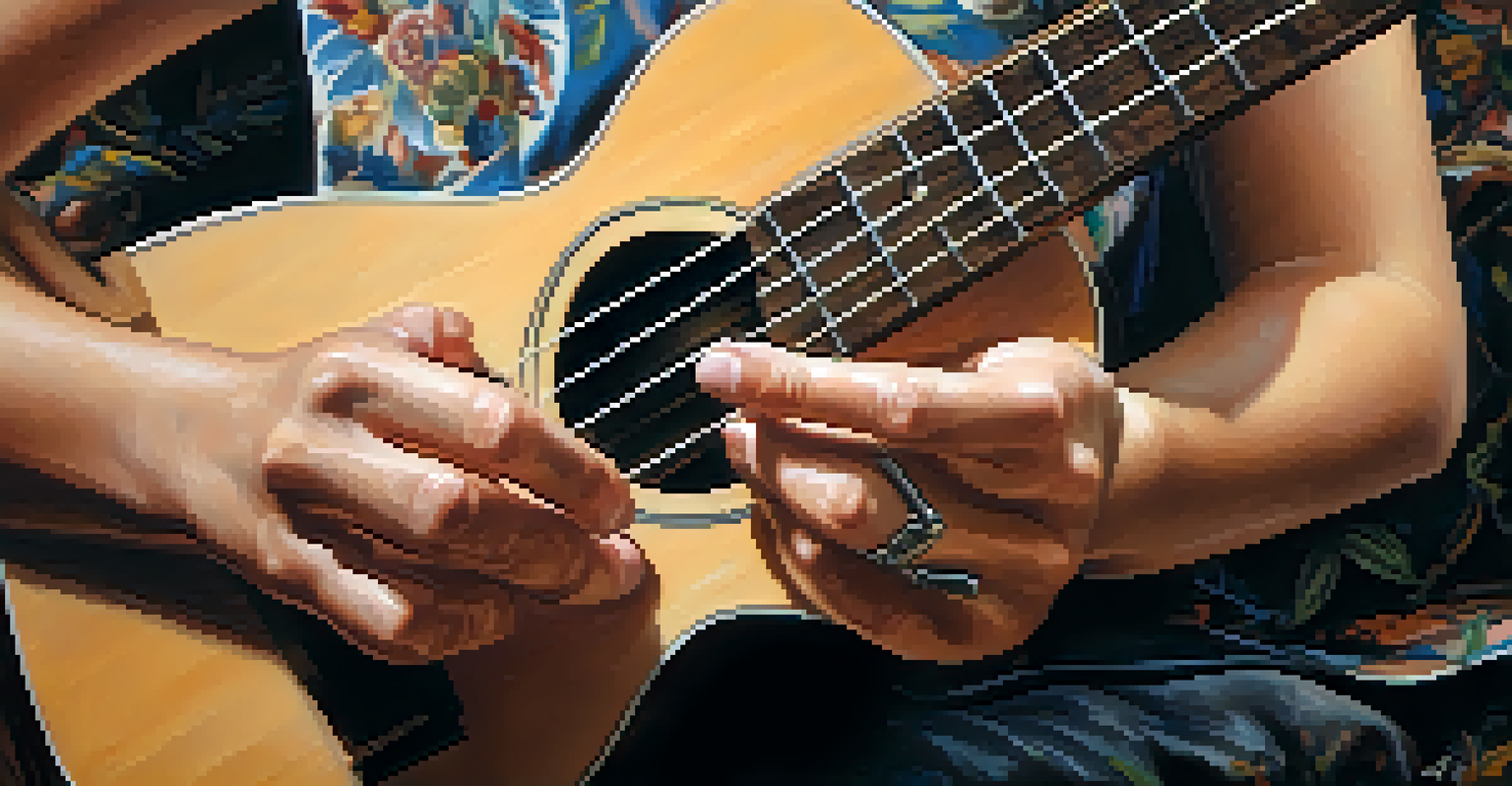 Close-up of hands playing a ukulele with musical notes floating around, emphasizing fingerpicking techniques.