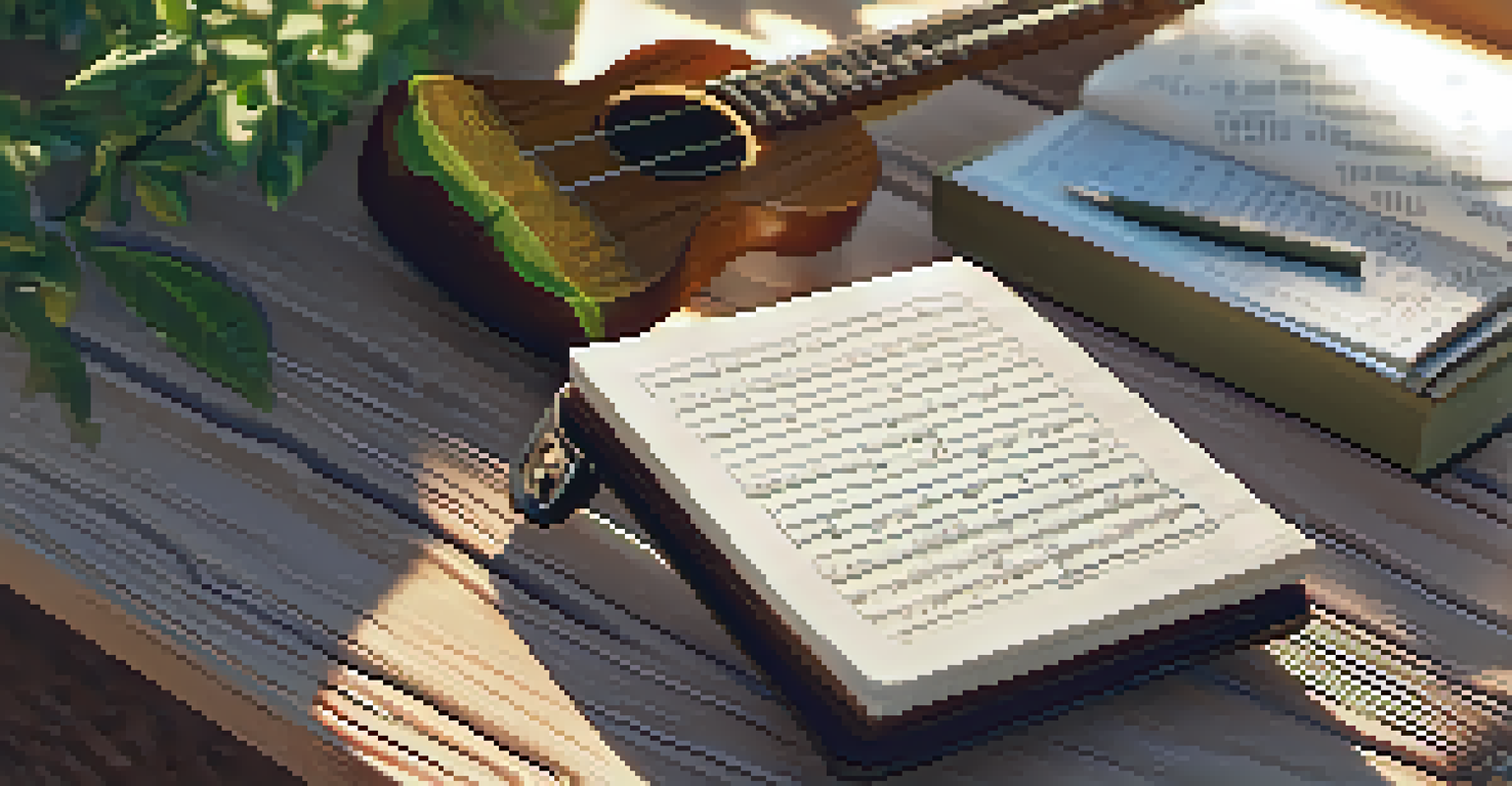 A close-up of a ukulele on a wooden table next to a notebook filled with lyrics, with sunlight highlighting the instrument.