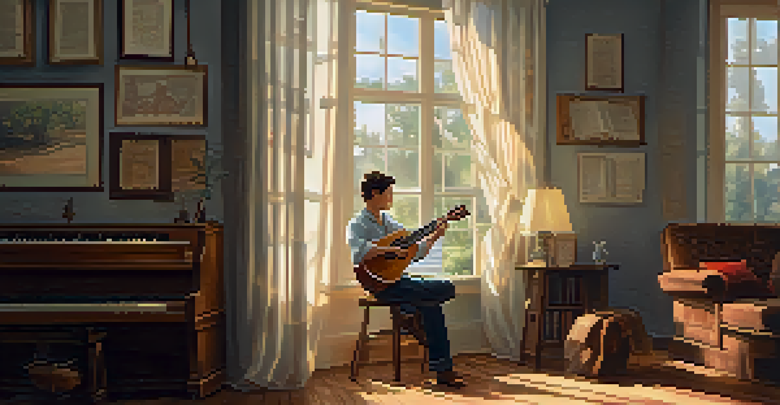 A musician playing ukulele indoors with sunlight streaming in, a coffee cup on the table.