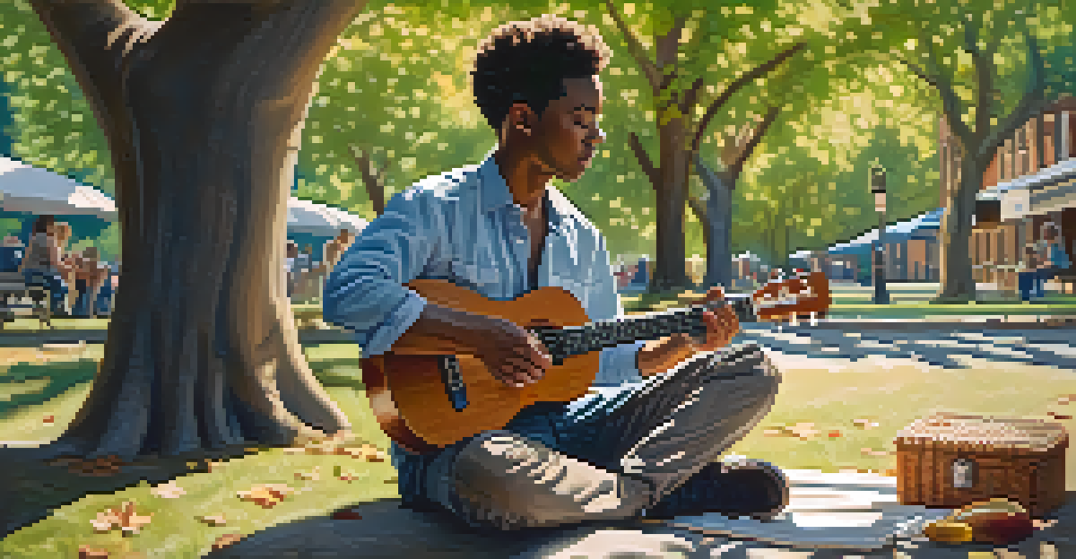 A solo ukulele player sitting on a park bench, playing music under a tree with sunlight filtering through the leaves.