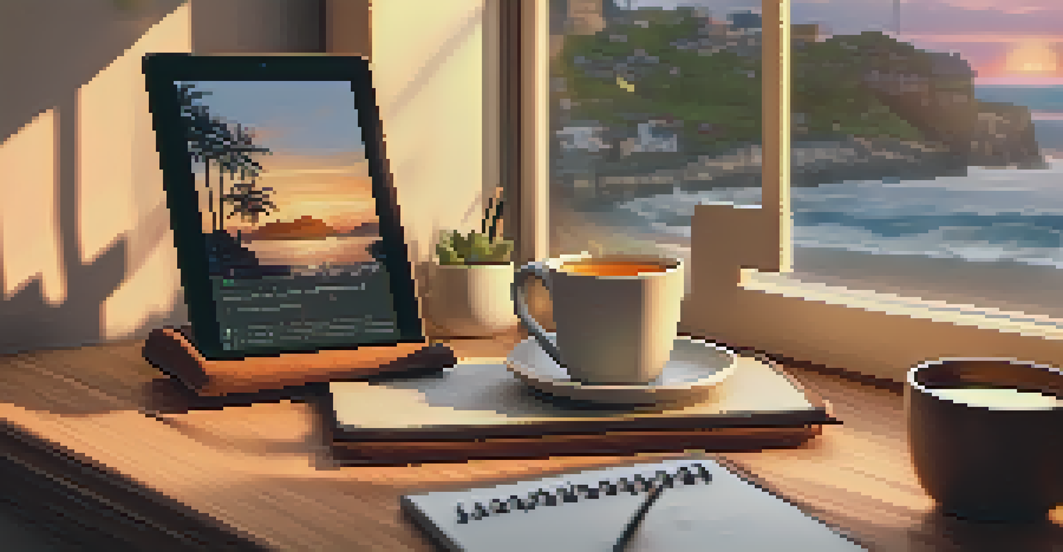 A smartphone displaying a curated ukulele playlist next to a ukulele and a cup of tea in a serene atmosphere.