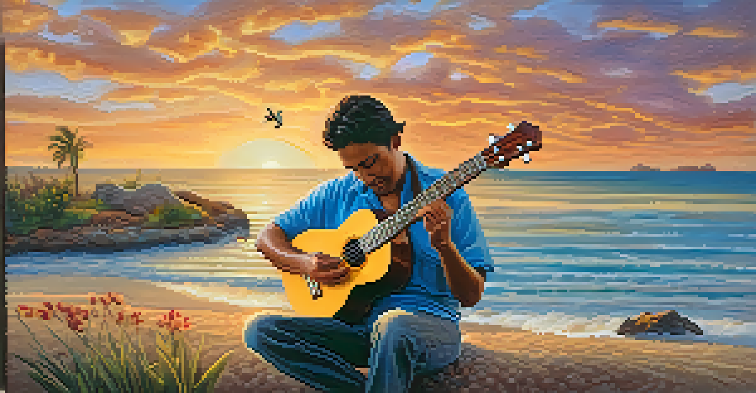 An artist playing the ukulele outdoors at sunset, with musical notes floating in the air.